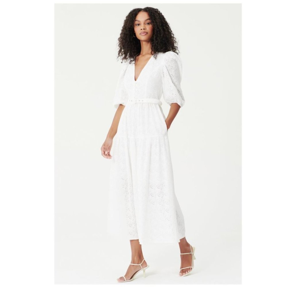 The Celie Dress in Featherington Eyelet - White Midi Floral Embroidery Dress